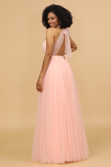A Line Halter Blush Tulle Long Bridesmaid Dress
